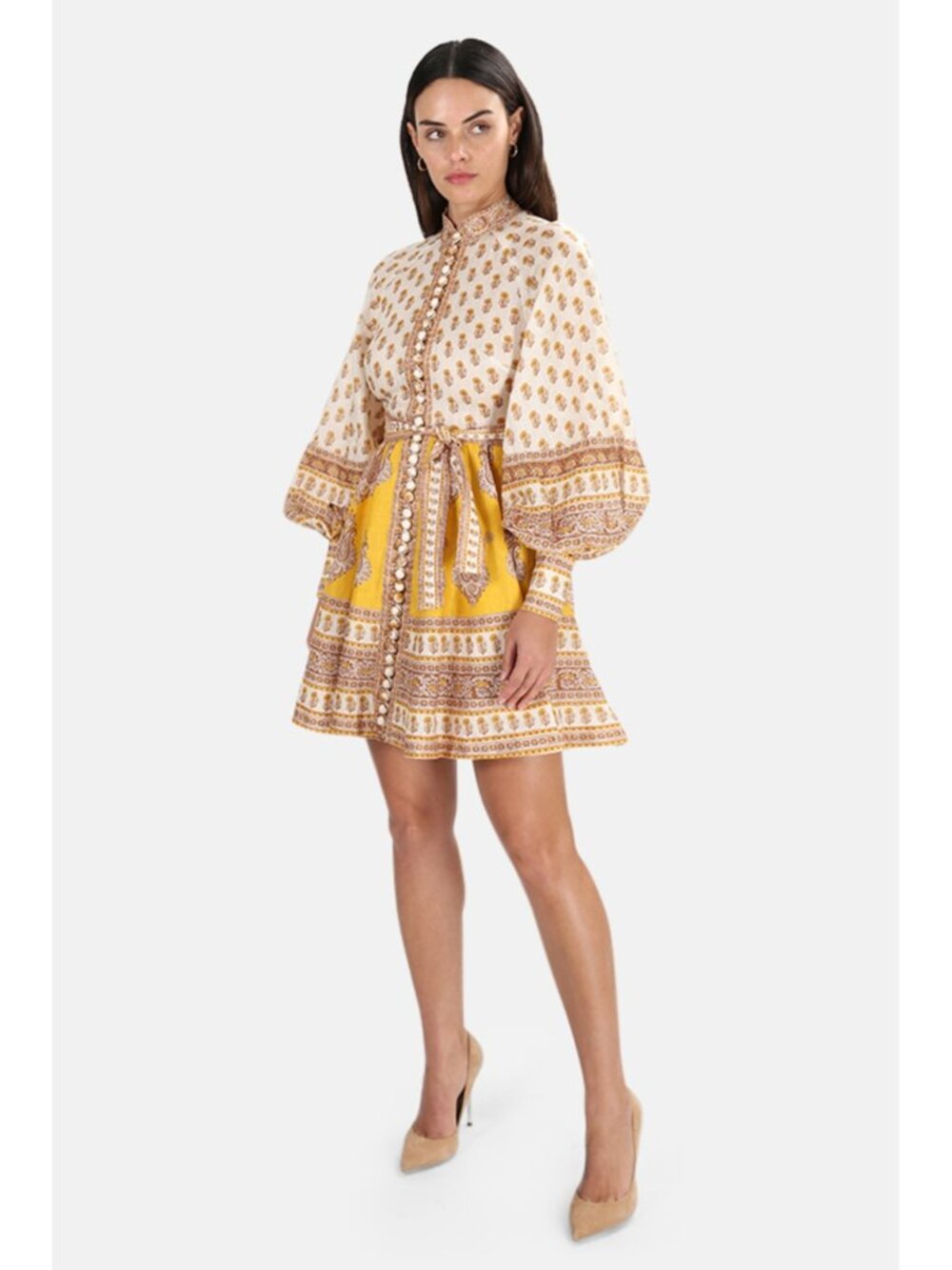 Zimmermann Bonita Buttoned Linen Mini Dress Mustard Paisley XS - Picture 6 of 13
